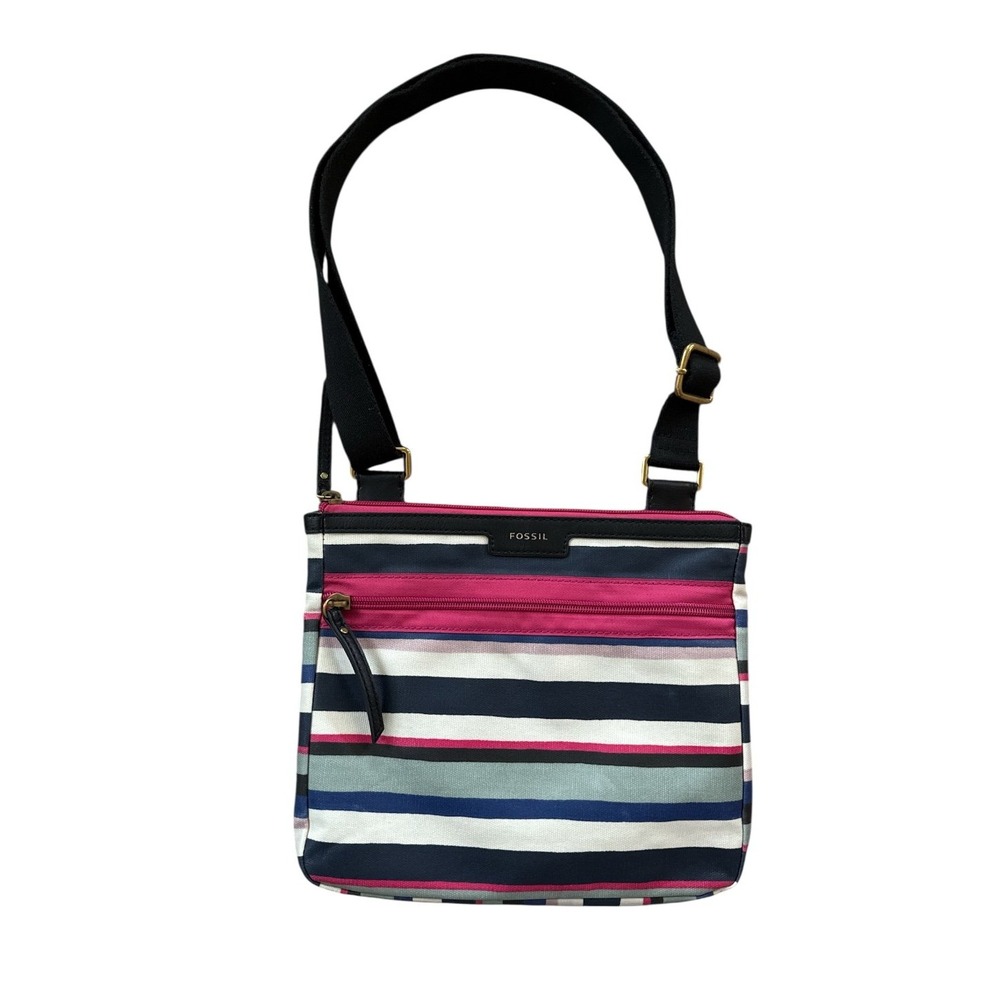 FOSSIL ELIZA Crossbody Blue Multi-Striped Coated Canvas Messenger Bag